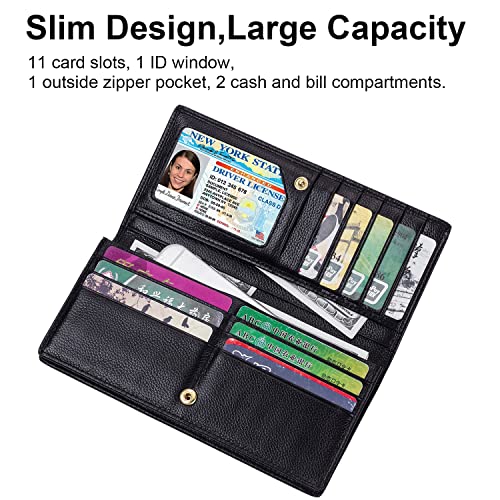Lavemi Ultra Slim Thin Leather Women Wallet RFID Blocking Credit Card Holder Bifold Long Ladies Billfold - color: 2- Black