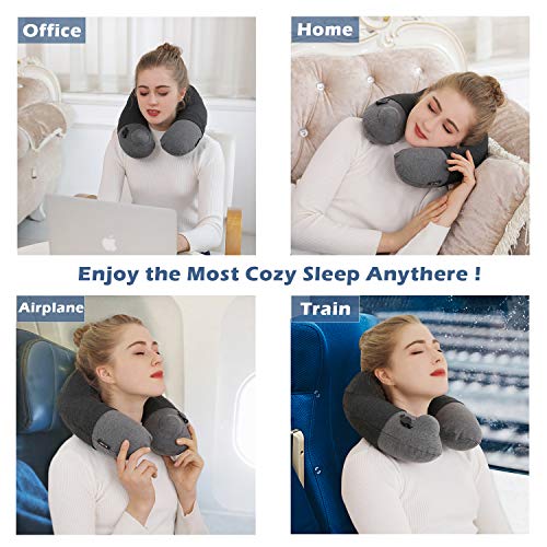 Keemall Inflatable Travel Neck Pillow for Airplane, Car & Long Flight Sleep - color: Light Grey, size: Medium
