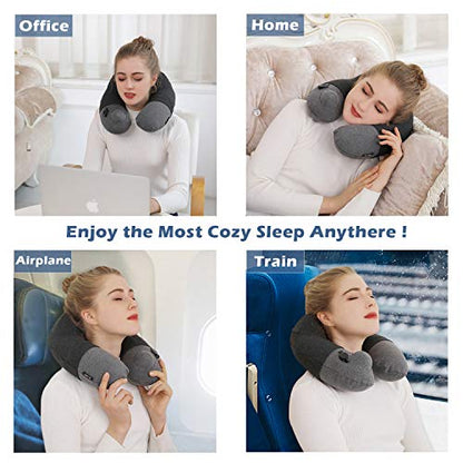Keemall Inflatable Travel Neck Pillow for Airplane, Car & Long Flight Sleep - color: Light Grey, size: Medium