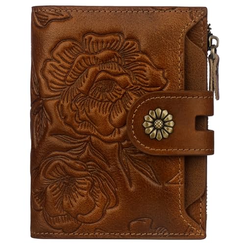 Womens Wallet,RFID Blocking Leather Wallet Womens Bifold Card Holder Small Compact Wallet for Women with Removable ID Window(yhbrown) - color: c1-embossed brown