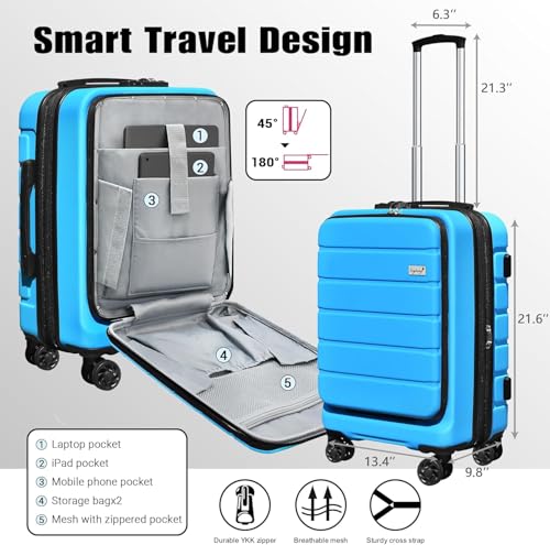 KEYTANG Explorer 20 Inch Carry On - Hardshell Suitcases with Front Pocket, Blue - color: Blue, size: 001-Carry-on