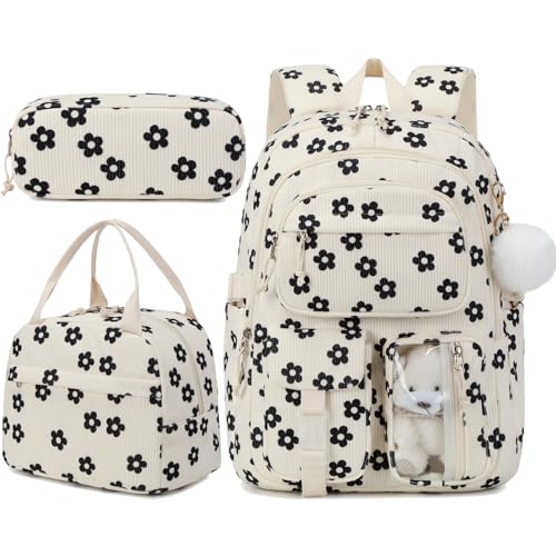 Flower Backpack Girls School Bookbag with Lunch Box Set, Black - color: Black