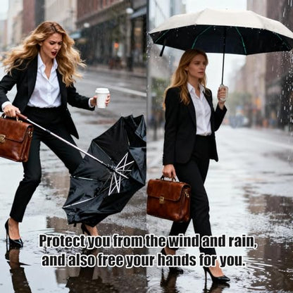 Compact Automatic Folding Umbrella – Portable Backpack Umbrella with Hook - color: white