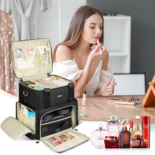 Extra Large Makeup Bag with 3 Removable Cases, Double Layers Travel Cosmetic Storage Organizer Bag with Detachable Dividers, Black - color: Black01