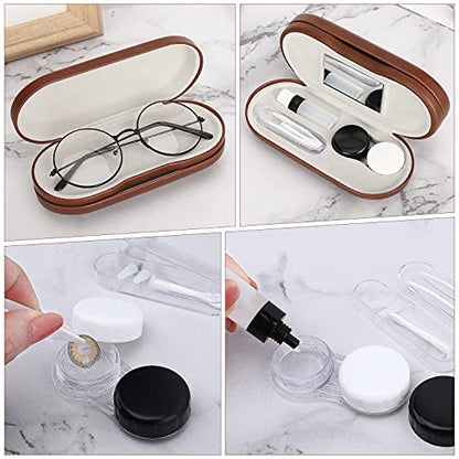 MoKo Double Eyeglass Case,Glasses and contact case 2 in 1 with Mirror - color: Brown