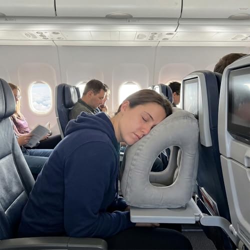1-Pack Comfortable Inflatable Travel Pillow, Neck Support Air Pillow with Storage Bag for Shoulder and Head Relief, for Airplane Train Car Office Home Use, Grey
