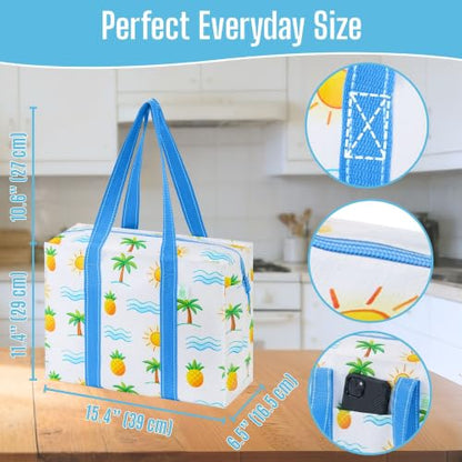 VENO 2 Pack Utility Tote Reusable Grocery Bags with Zipper & Hard Bottom - color: Tropical Island, size: 2 Pack