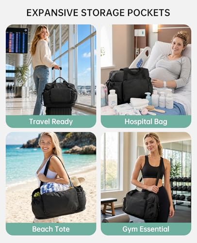 Large Travel Bag Expandable, Travel Tote with Luggage Sleeve, 47L Black - color: Black