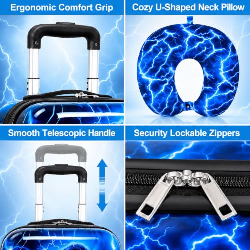 UFNDC Lightweight Hardshell Spinner Luggage Set for Kids 2PCS with Wheels - Airplane Approved Carry-On Suitcase for Boys Ages 3-10, Lightning Dinosaur Rolling Suitcases for Elementary Toddler Travel - color: Blue Lightning Dinosaur Luggage 2PCS Set