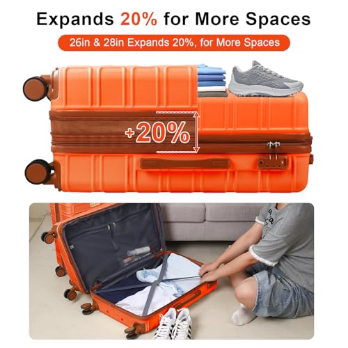 4 Piece Luggage Set Expandable ABS Travel Suitcase Set TSA Lock Hardshell Durable Lightweight Traveling Luggage Sets Gift for Back to School (Orange, 28in26in20in13in) - color: Orange