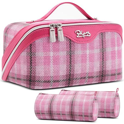 BOYATU Travel Makeup Bag for Women: 3 Pcs Set Scottish Plaid Make up Bag - color: E-4-Pink