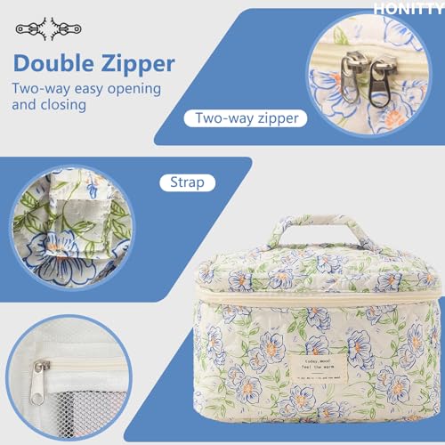 honitty Makeup Bag,Quilted Cosmetic Bags for Women - color: Blue-Flower