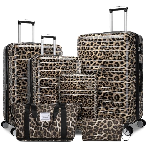 LARVENDER Luggage Sets 6 Piece Expandable Suitcase with Wheels, Cheetah - color: Cheetah 6pcs, size: Family Set