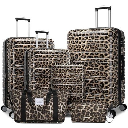 LARVENDER Luggage Sets 6 Piece Expandable Suitcase with Wheels, Cheetah - color: Cheetah 6pcs, size: Family Set