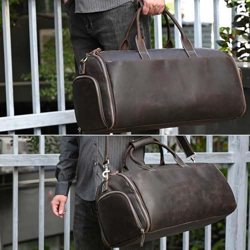 Men's Full Grain Leather Carry On Garment Duffle Suit Travel Bag - color: Dark Brown