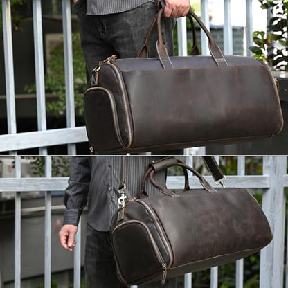 Men's Full Grain Leather Carry On Garment Duffle Suit Travel Bag - color: Dark Brown