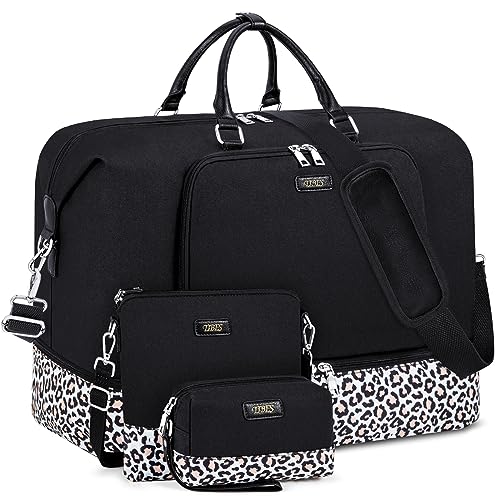 TIBES Travel Weekender Bag for Women, Overnight Bag with Shoe Compartment - color: Q- Black&Leopard