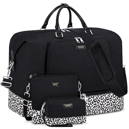 TIBES Travel Weekender Bag for Women, Overnight Bag with Shoe Compartment - color: Q- Black&Leopard