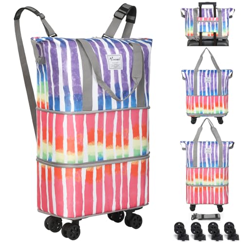 Rolling Duffel Bag - Foldable Expandable Duffle With Wheels for Travel, Luggage Carry On, Large Backpack Weekend Bag for Men Women (Rainbow) - color: Rainbow