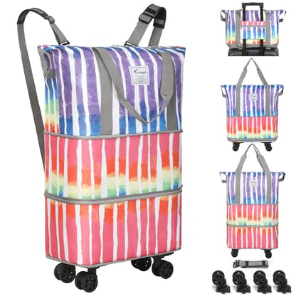 Rolling Duffel Bag - Foldable Expandable Duffle With Wheels for Travel, Luggage Carry On, Large Backpack Weekend Bag for Men Women (Rainbow) - color: Rainbow