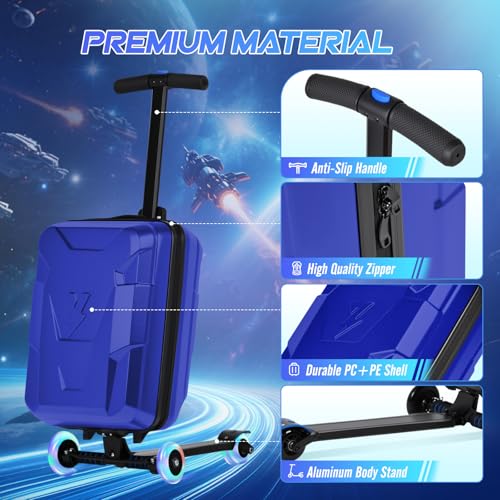 2-in-1 Folding Scooter Luggage for Kids & Adults, 3-D Hardshell Ride-On Scooter Suitcase with Adjustable Handle & Silent Wheels, Lightweight Travel Suitcase for Children Teens - color: blue