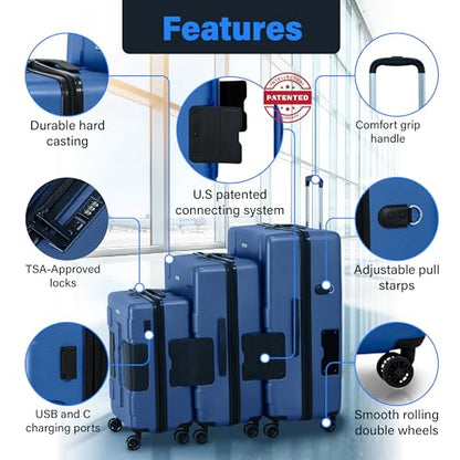 TACH Patented Connecting Hard Shell 3 Piece Luggage Set - 20, 24 & 28 inch Luggage | Carry-On, Medium & Large Rolling Suitcases - Midnight Blue - color: Midnight Blue, size: 3-Piece Set