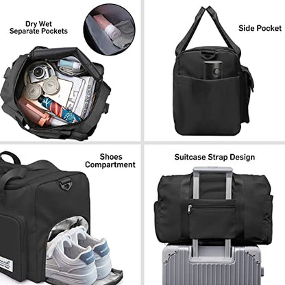 Suruid Gym Bag with Shoe Compartment, Sports Duffle Bag for Women, Black - color: Black