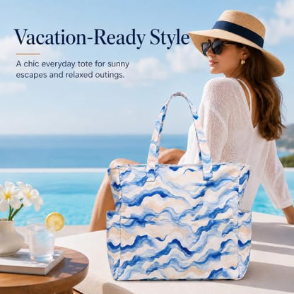 LEDAOU Beach Bag Waterproof Sandproof Women Beach Tote Pool Bag with Zipper for Swim Gym Grocery Travel with Wet Pocket - color: Blue Waves