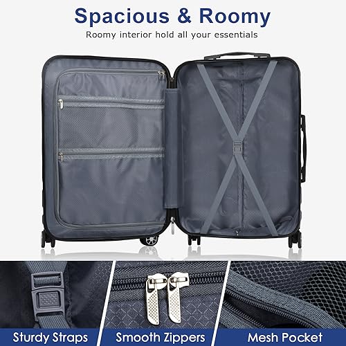 Luggage Sets Hardside Lightweight Suitcase with Spinner Wheels TSA Lock, 3-Piece Set (20/24/28) - color: NavyBlue
