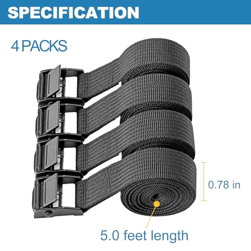 Adjustable Cam Buckle Lashing Straps, Tie Down Straps, 4 Pack, Black - size: S1 (0.78"x60")