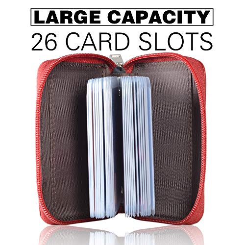 Easyoulife Genuine Leather Credit Card Holder Zipper Wallet With 26 Card Slots - color: Red, size: small