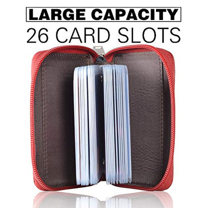 Easyoulife Genuine Leather Credit Card Holder Zipper Wallet With 26 Card Slots - color: Red, size: small