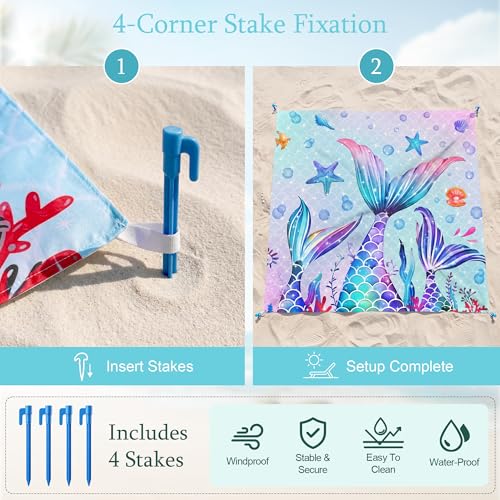 Mermaid Beach Blanket, Large 79" x 83" Sandproof Water-Resistant Beach Mat - color: Mermaid