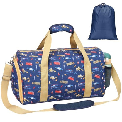 Bagseri Boys Duffle Bag for Travel - Kids Gym Bag with Shoe Compartment - color: B6-Yellow Trucks, size: Medium - 17.3 x 9 x 9.7 in