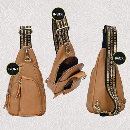 MMS Brands Antik Kraft Tasha Webbing Strap Sling | Vegan Leather Crossbody Sling Bag for Women with 16-20" Strap | - color: Camel