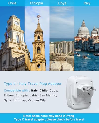 VINTAR Foldable Italy Travel Plug Adapter, 2 Pack Type L Adapter with USB-C - style: Type L-Foldable-Italy Chile