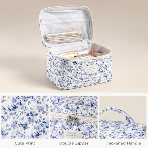 HBselect Quilted Makeup Bag, 3Pcs Cotton Large Travel Makeup Bags Organizer - color: A-3PCS-Floral 42