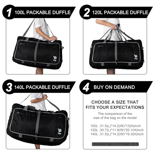 Bago Travel Duffle Bag for Women & Men. Extra Large Foldable Duffel Bags - color: All Black, size: 140L