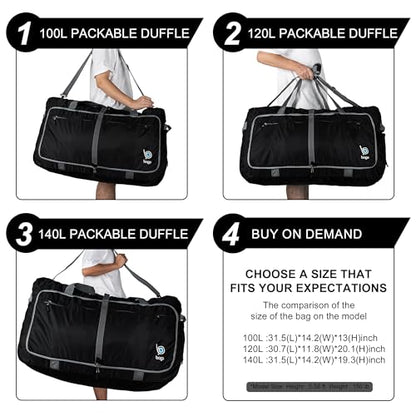 Bago Travel Duffle Bag for Women & Men. Extra Large Foldable Duffel Bags - color: All Black, size: 140L