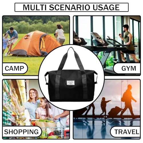 Travel Duffel Bag For Women and Men Waterproof Expandable Travel Bag Weekender Overnight Carry on Tote - color: black
