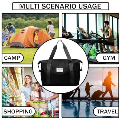 Travel Duffel Bag For Women and Men Waterproof Expandable Travel Bag Weekender Overnight Carry on Tote - color: black