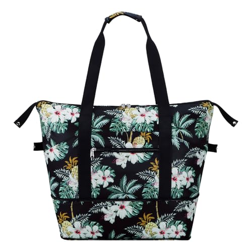 Expandable Duffel Bag for Women with Trolley Sleeve/Wet Pocket Weekender Travel Tote Large Carry On Overnight Luggage - color: Palm Tree