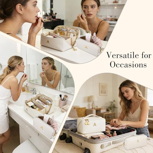 KKXIU Initial Makeup Bag for Women, Personalized Gifts for Women - color: Beige, style: O