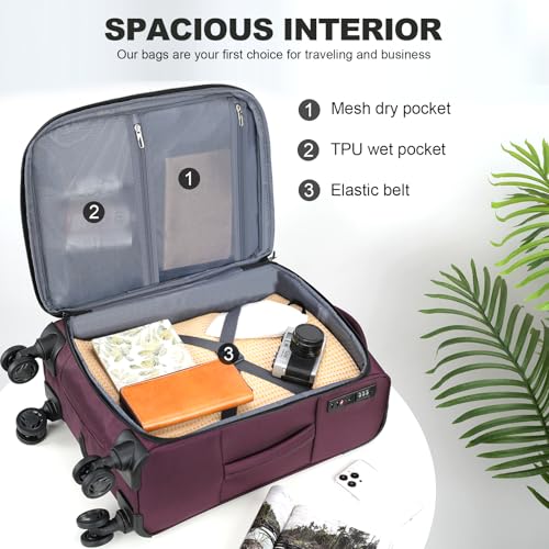 KROSER Softside Carry On Luggage 20 Inch, Suitcase Rolling Luggage - color: Burgundy-20, size: 20 inch