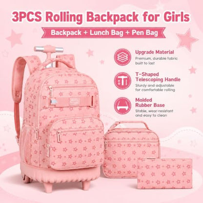 3Pcs Rolling Backpack for Girls Women, School Kids Roller Bookbag with Wheels, Wheeled Backpacks Set for Elementary (Pink) - color: Star Pink