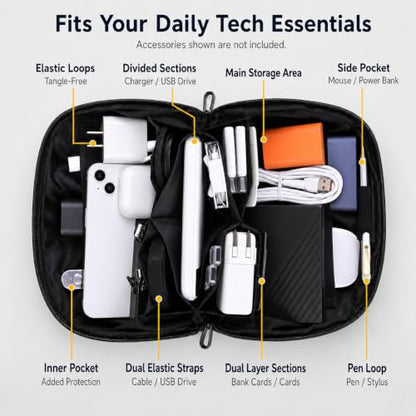 Travel Tech Organizer Bag, Water-Resistant Electronics Carrying Case, Black