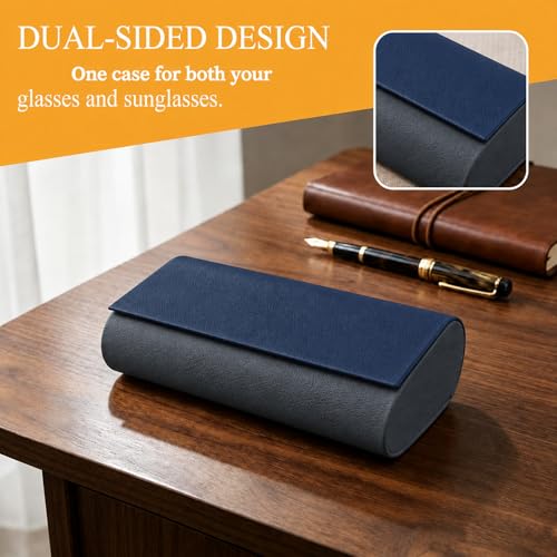 Double Sided Glasses Case Hard Shell,Sunglasses Case & Eyeglass Case with Cleaning Cloth & Storage Pouch - color: Navy Blue-drak Gray