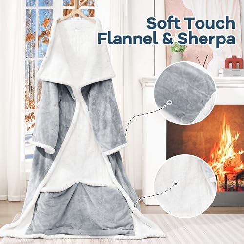 MAXEVE Heated Wearable Blanket with Foot Pocket & Sleeves Electric Snuggle - color: Light Grey, size: Long