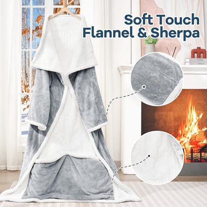 MAXEVE Heated Wearable Blanket with Foot Pocket & Sleeves Electric Snuggle - color: Light Grey, size: Long