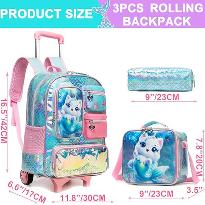 Meetbelify Girls Rolling Backpack with Wheels Kids Wheels Backpack for Girls - color: Cat Mermaid